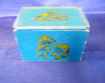 Boîte de recettes en bois vintage - Champignons sur boîte bleue - Usure légère - voir photos et description