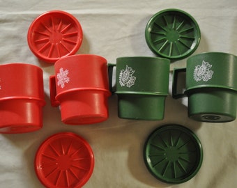 Set of 4 Tupperware Mugs with Coasters/Lids - 2 Red & 2 Green
