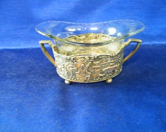 Antique Gravy Bowl and Metal Base - Beautiful Etched Glass and Stand - See photos and description