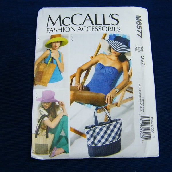 McCall's M6577, Fashion Accessories, One Size, Beach hat and bag, Uncut