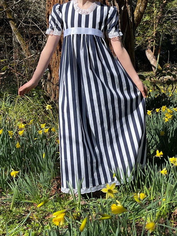 Girl's Size7/8, 8/9, 10/11 or 12/14 (pictured) Regency Dress, Jane Austen Dress, Empire waist Dress, Pride and Prejudice, Navy and White