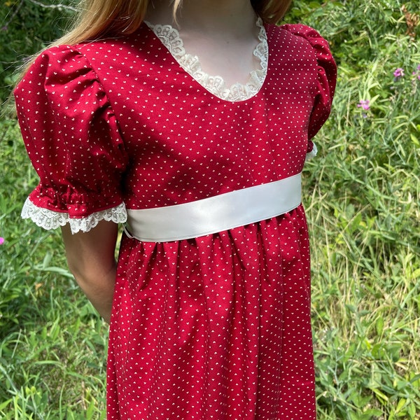 Girl size 10 or 12/14 Regency Dress, Jane Austen Costume, Maroon with Cream hearts, Pride and Prejudice, Ready To Ship, Priority Available