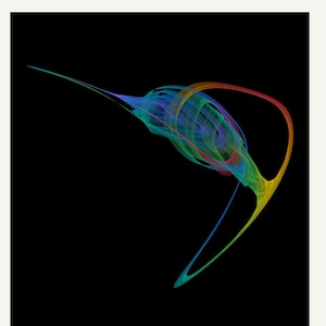 May include: A digital art print featuring a colorful, swirling fractal pattern against a solid black background. Below the graphic, the text reads STRANGE ATTRACTOR, N° 05, SYSTEM quadratic delay map (J.C. Sprott, 1993), EQUATION printed on the final piece.