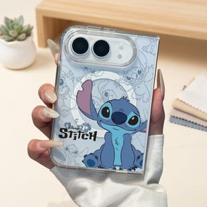 Stitch Clear Magnetic Charging Foldable iPhone Duo Case, Blue Cartoon Character Phone Cover, Cute Cartoon Fan Gift