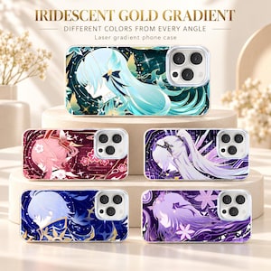 May include: Five phone cases with iridescent gold gradient laser designs featuring anime-style character illustrations in blue, pink, purple, and dark tones. The text reads IRIDESCENT GOLD GRADIENT DIFFERENT COLORS FROM EVERY ANGLE Laser gradient phone case.