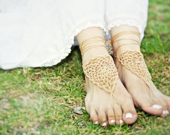 Bridal  barefoot sandal. Tan Beach wedding barefoot jewelry, crochet lace nude shoes