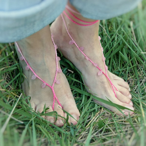 Ombre pink barefoot sandals. beaded foot thing  Crochet ankle barefoot Beach nude shoes, bottomless sandals, Lolita  sexy foot jewelry