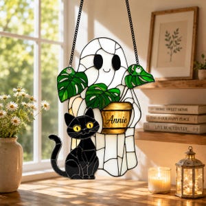 Spöklykta i akryl, solfångare för halloweenfönster, dekoration i akrylstil med svart katt och pumpa, läskig höstgåva