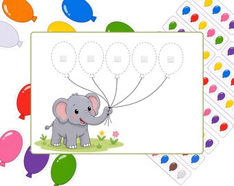 Printable Elephant Balloon Color Matching Game for Toddlers, Preschool Pattern Activity, Montessorri Hook-and-loop Busy Book PDF