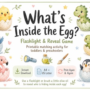 Op de afbeelding: Een printbaar What's Inside the Egg? zaklamp- en onthulspel met aquarelillustraties van een kuiken, dinosaurus, vogel, schildpad, flamingo en pinguïn in eieren, met iconen voor directe download, A4 en US Letter papierformaten.