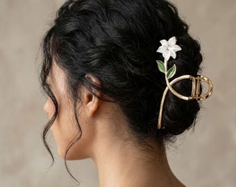 Floral Hair Claw Clip, Flower Bun Clip, Botanical Hair Accessory, Elegant Updo Clip for Women, Gold Flower Hair Clip, Wedding Hair Jewelry