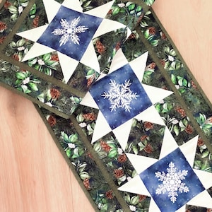 Quilted Winter Table Runner: Snowflakes & Pinecones, Rustic Holiday Decor (15.5&quot; x 45&quot;)
