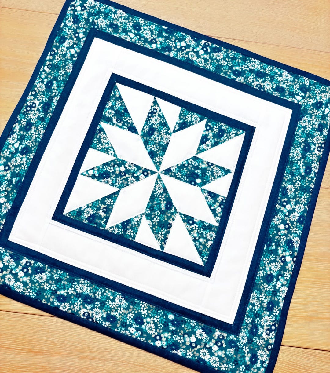 Spring Table Topper Quilted Spring and Summer Table Topper ~ Blue Floral Table Decor ~ 19.5 ...