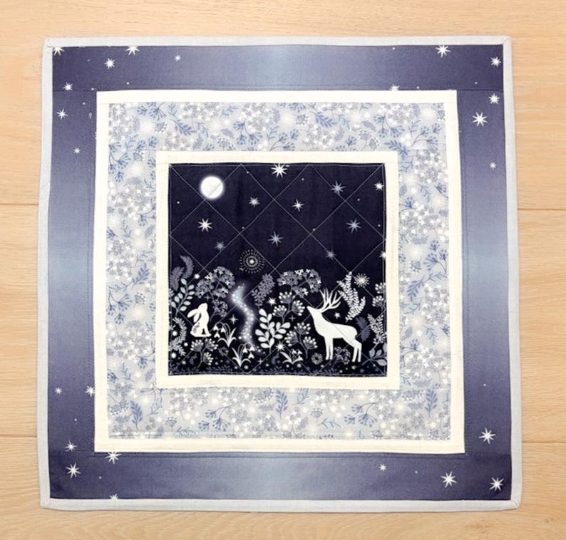 Quilted Handmade Winter Table Topper/wall Hanging ~ Moonlit Deer, Stars ...
