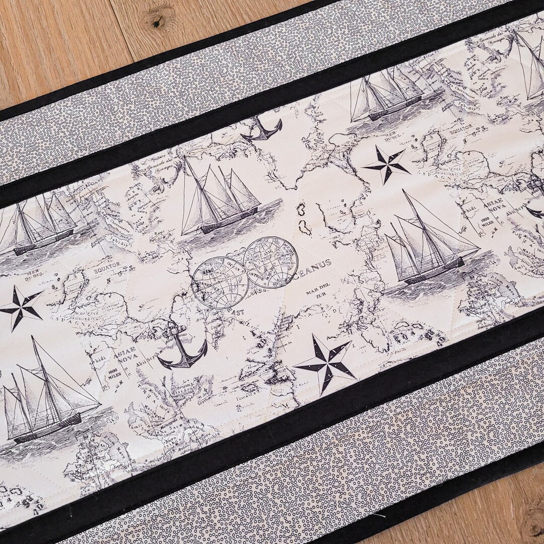 Nautical Quilted Table Runner, Nautical Themes of Ships and Maps in