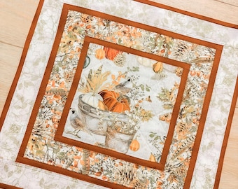 Handmade Quilted Fall Table Topper ~ Pumpkins, Birds, and Woodland Foliage Topper/Wall Hanging ~ 20"