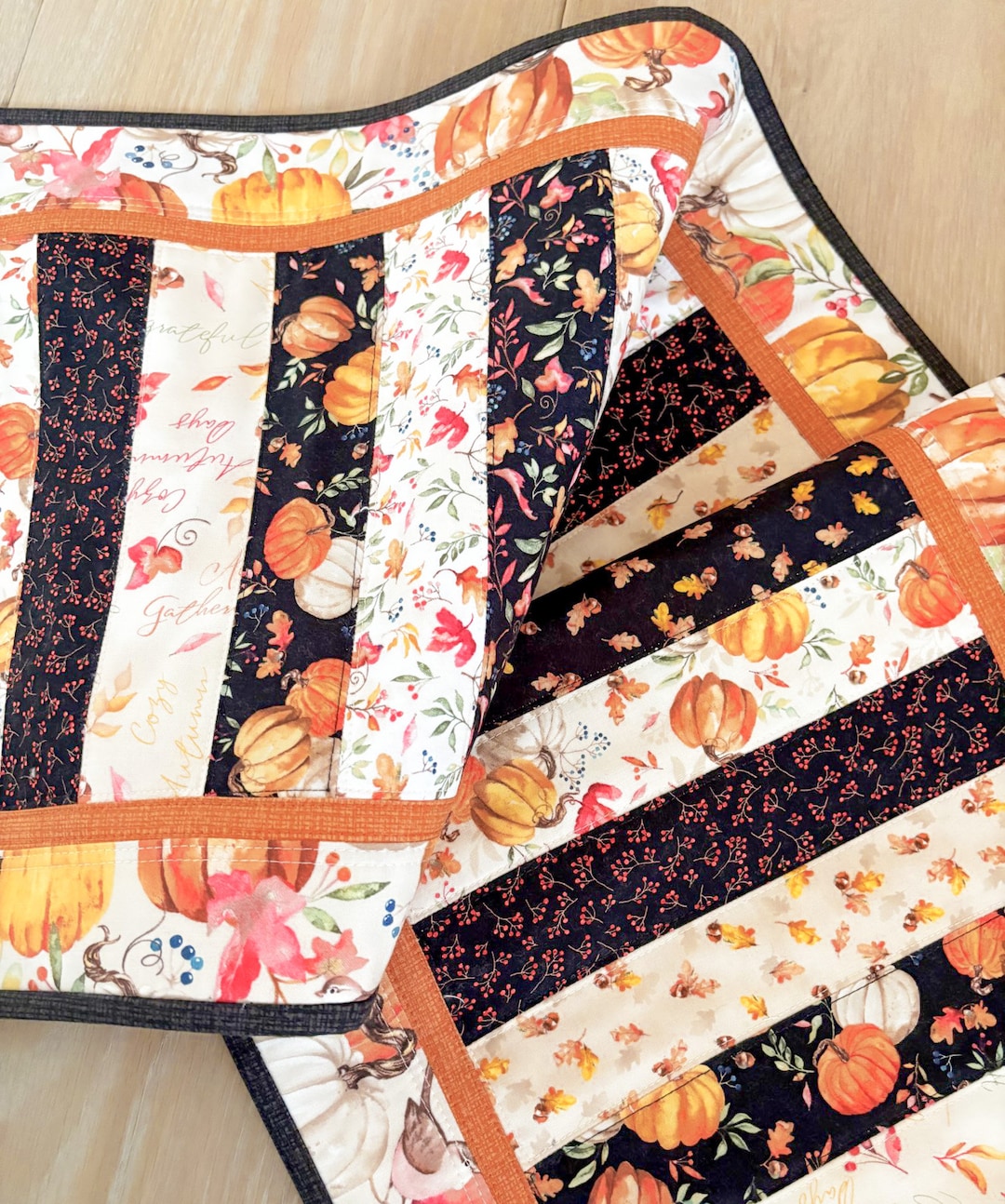 Quilted Fall Table Runner, Pumpkins and Leaves, Harvest Decor ~ 15.5" X ...