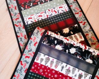 Christmas and Holiday Quilted Table Runner, Christmas Stockings, Christmas Trees, Snowflakes, Florals, Plaids, 16.5" x 42"