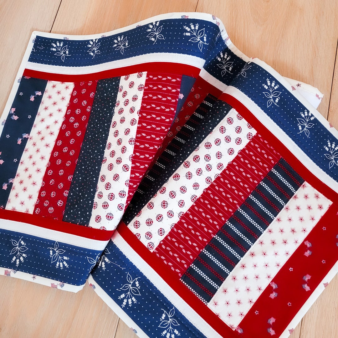 Quilted Handmade Table Runner, Patriotic Table Runner, Red, White, Blue
