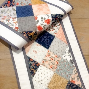 May include: A patchwork quilt with a variety of floral and geometric patterns in shades of blue, pink, gray, and yellow. The quilt has a white border with a gray trim. The quilt is folded over on a wooden surface.