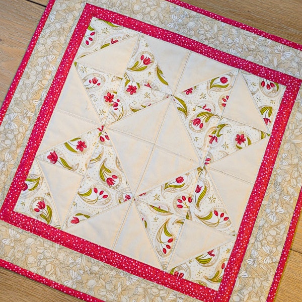 Quilted Table Topper/Table Mat/Wall Deco Hanging, Tulips, Leaves, Butterflies, Summer Table Topper, 20" x 20"