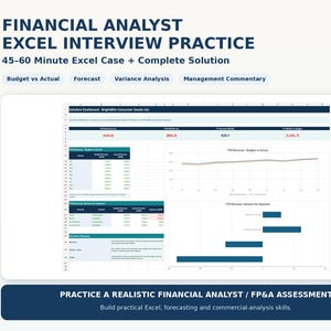 May include: Financial Analyst Excel Interview Practice document featuring a 45-60 minute case study and solution. The layout includes a dashboard for BrightLite Consumer Goods Ltd with tables for budget vs actual, forecast, variance analysis, and commentary.