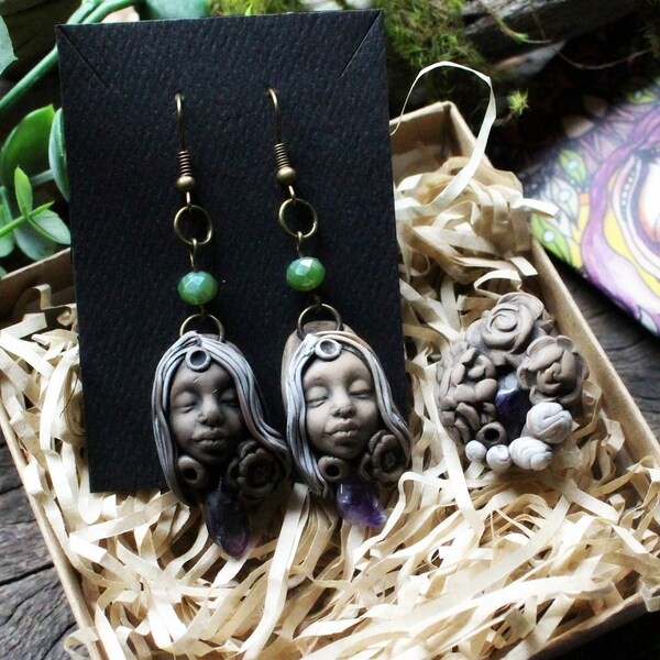 Ring & Earring Set - Gemstone Goddess -  Fully Adjustable Clay Ring. Crystal and Gemstone Jewelry (Free Shipping) 