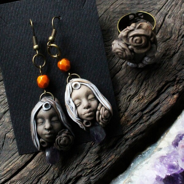 Ring & Earring Set - Gemstone Goddess -  Fully Adjustable Clay Ring. Crystal and Gemstone Jewelry (Free Shipping) 