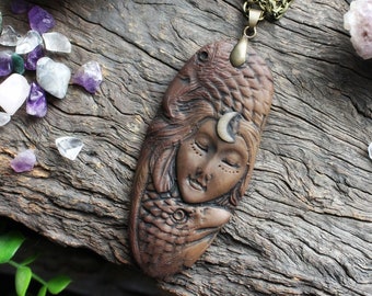 Clay Necklace with Waning Crescent Moon and Spirit Animal  - Handcrafted in Clay (Free Shipping)