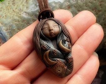 Hearts and Hugs Goddess Necklace. Handcrafted Clay by TRaewyn. (Free Shipping)