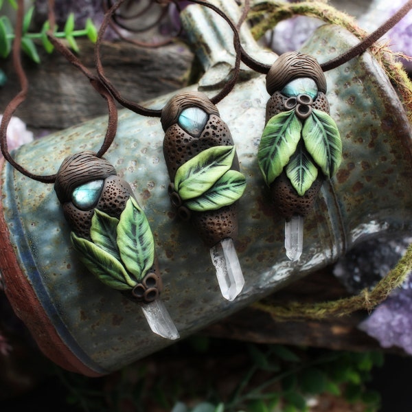 Earth Medicine Necklace - Labradorite + Quartz Point Necklace. Handcrafted Clay & Gemstone Pendant. (Free Shipping)