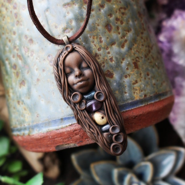 Mini Goddess Necklace with Agate, Citrine, Amethyst and Blue Apatite Crystals. Handcrafted Clay and Gemstone Necklace.