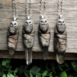 Owl Spirit Animal Necklace with Quartz Point. Handcrafted Clay. Free Shipping image 1