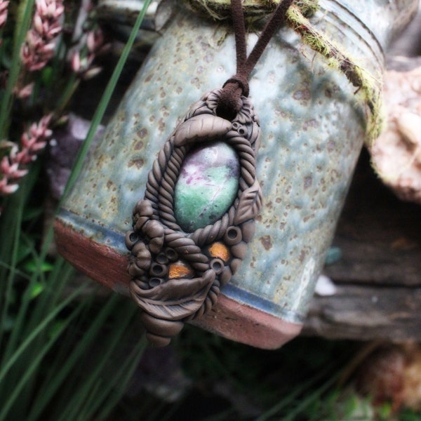 Ruby in Fuchsite Necklace - Earth Medicine - Handcrafted Clay & Gemstone Pendant. (Free Shipping)