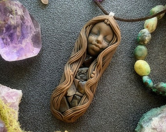 Goddess Necklace with Citrine Gemstones   - Handcrafted Goddess Pendant on Vegan Suede Necklace (Free Shipping)