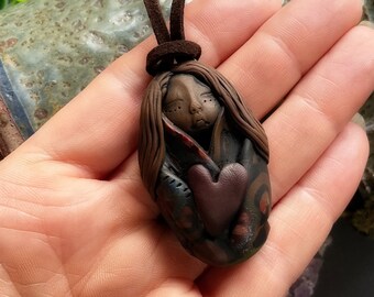 Hearts and Hugs Goddess Necklace. Handcrafted Clay by TRaewyn. (Free Shipping)