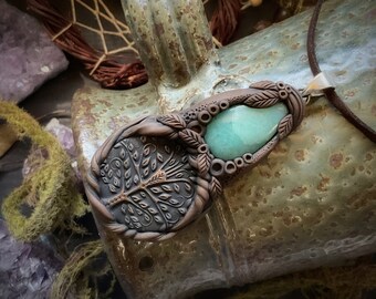 Tree of Life Necklace with Amazonite Handcrafted Clay & Gemstone Pendant.