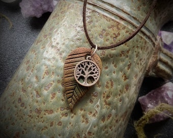 Tree of Life Necklace with One of a Kind Leaf.  Handcrafted Clay. Vegan Suede.