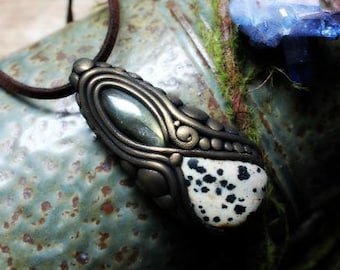 Handcrafted Labradorite and Dalmatian Jasper. Spirit Shift necklace. Handcrafted Clay & Gemstone Pendant. (Free Shipping)