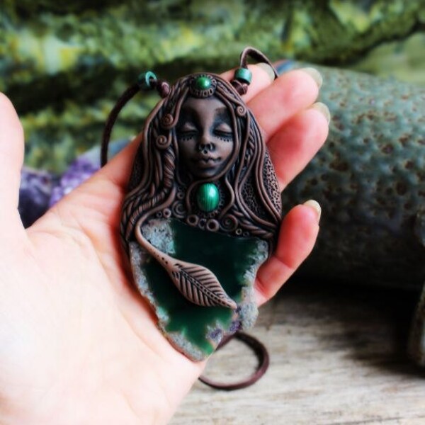Goddess with Malachite, Jasper and Agate Gemstone Necklace. Handcrafted Clay and Gemstones. " I am with you. I am strong. I am abundant."