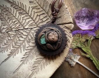 Goddess Talisman Pendant, Turquoise, Timber and Clay, Handcrafted Adjustable Necklace