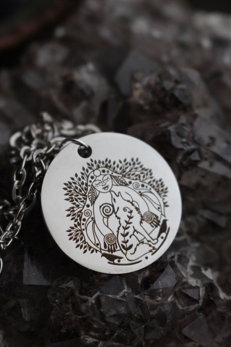 La Loba Wolf Woman Necklace Singing over the Bones Bone Woman Necklace Laser Engraved Stainless Steel Pendant Necklace image 2