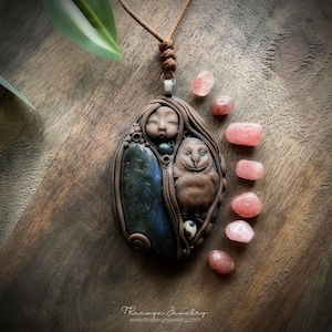 Barn Owl Spirit Animal with Labradorite Dalmatian Jasper Necklace. Shamanic Animal Totem Necklace (Free Shipping)