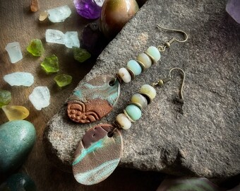 Amazonite Gemstone and Clay Earrings. Light Weight Clay Dangle Earrings. Handcrafted and One of a Kind. (Free Shipping)