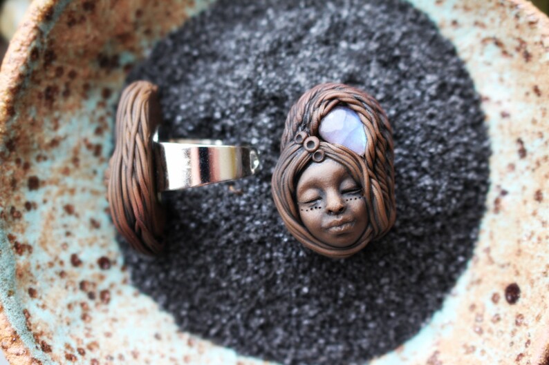 Crystal and Gemstone Jewelry Moonstone Ring Clay Goddess Ring Fully Adjustable Goddess Handmade Clay Jewelry
