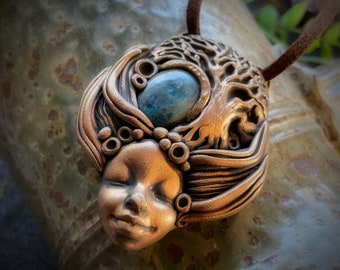 Goddess Necklace with Blue Apatite  - Antique Bronze  - Handcrafted Goddess Pendant on Vegan Suede Necklace (Free Shipping)