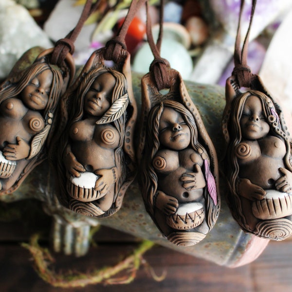 Drumming Circle Goddess Necklaces -   Handcrafted Clay Pendant (Free Shipping)