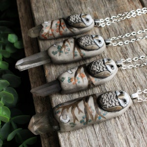 Owl Spirit Animal Necklace with Quartz Point. Handcrafted Clay. Free Shipping image 2