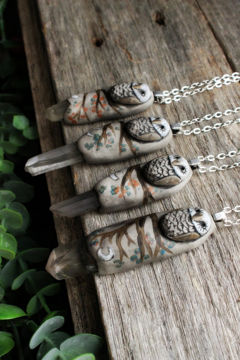 Owl Spirit Animal Necklace with Quartz Point. Handcrafted Clay. Free Shipping image 2