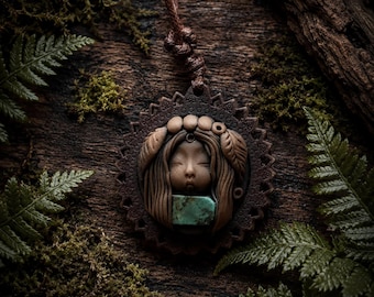 Goddess Talisman Pendant, Turquoise, Timber and Clay, Handcrafted Adjustable Necklace
